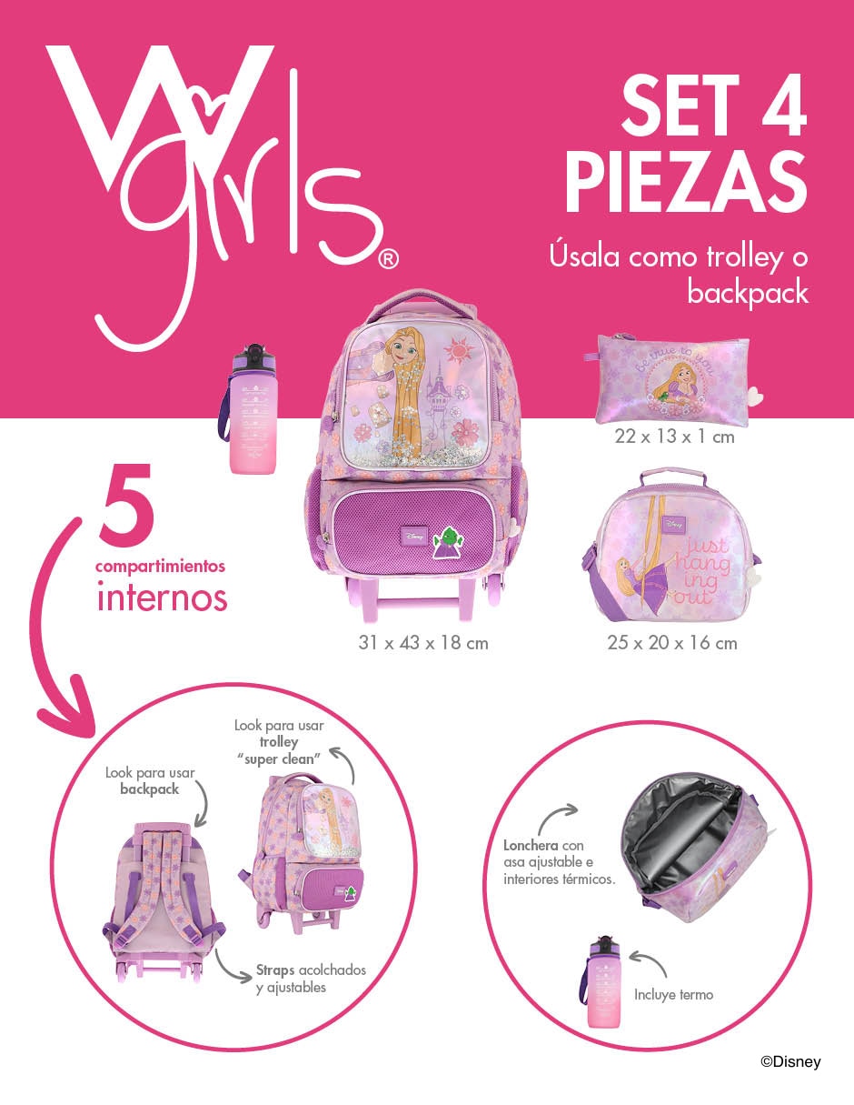 Set mochila escolar rapunzel disney para niña 12
