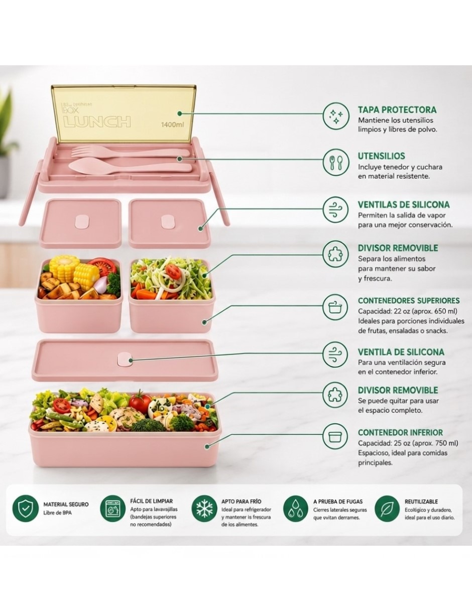 Contenedor con tapa cmtop lonchera apilable incluye cubiertos de abs 1 pieza piezas 5